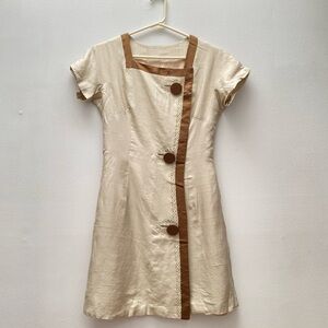Vintage - 1980’s Square Neck Cream Tan Short Sleeve Mini Dress